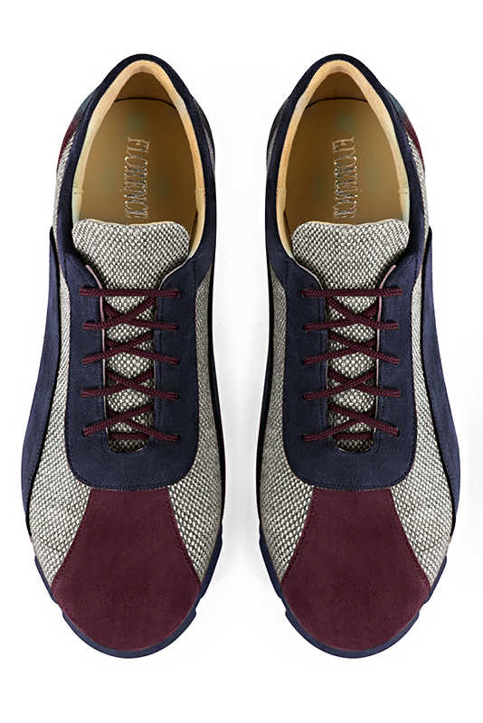 Wine red, dove grey and navy blue women's open back shoes. Round toe. Flat rubber soles. Top view - Florence KOOIJMAN